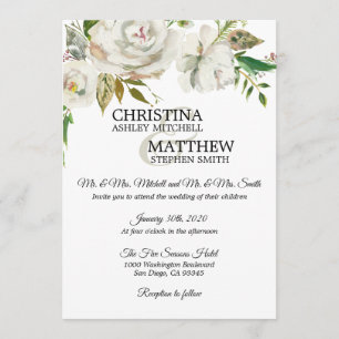 Elegante Wasserfarbe Weiße Blumengrün WEDDING Einladung