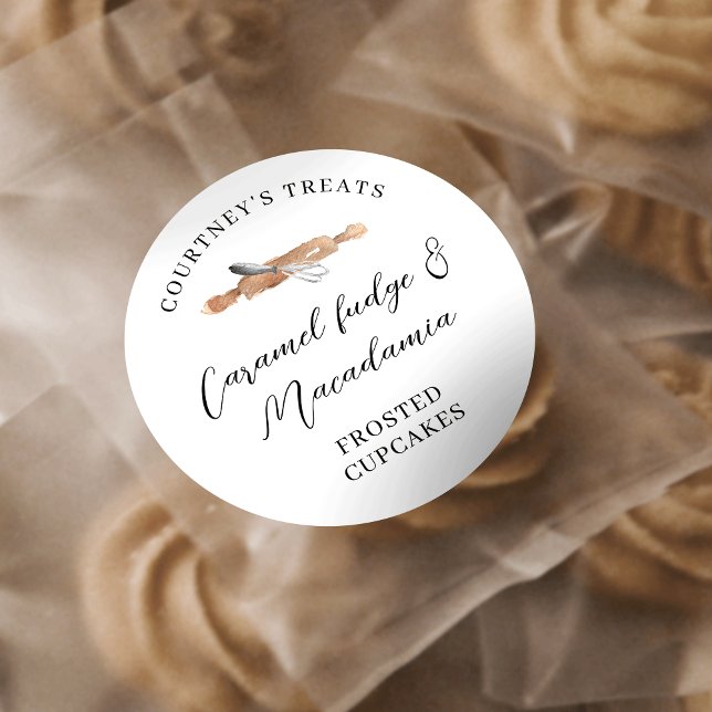 Elegante Wasserfarbe Whisk Konditorei Gebäck Cooki Runder Aufkleber (Elegant bakery stickers featuring rolling pin and whisk graphics)