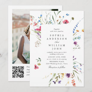 Elegante Wasserfarbe Wilde Blumen Hochzeit QR-Code Einladung