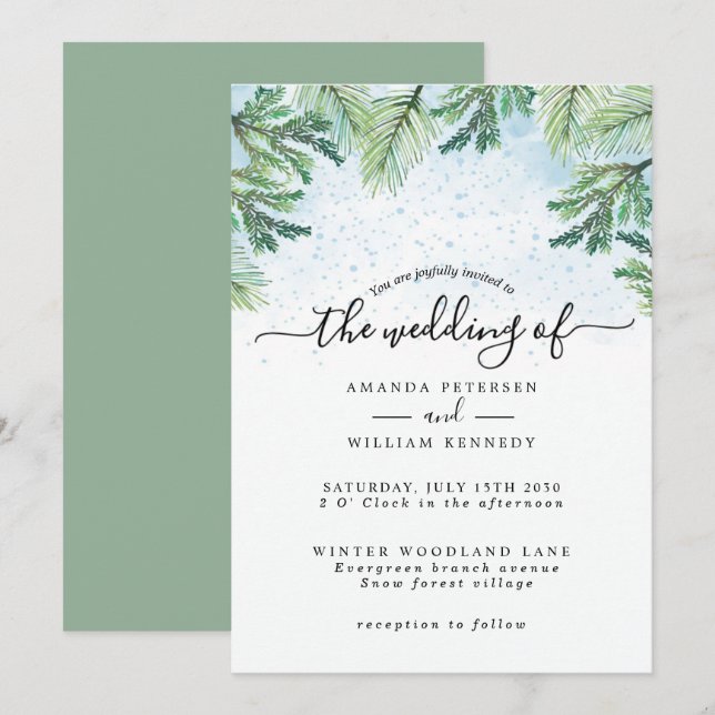 Elegante Wasserfarbe Winter Evergreen Typografie Einladung (Vorne/Hinten)