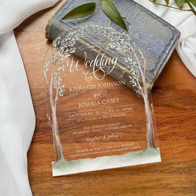 Elegante Wasserfarben Bäume Pfeife Hochzeit Acryleinladungen (Whimsical watercolor arch trees sage green earth tones unique script calligraphy wedding invitation)