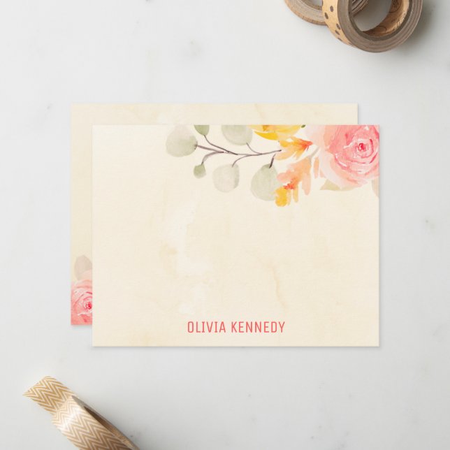Elegante Wasserfarben Blumen Creme Personalisiert Mitteilungskarte (Vorderseite/Rückseite Beispiel)