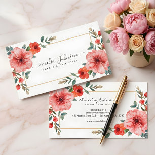 Elegante Wasserfarben Blumen Gold Visagist Visitenkarte