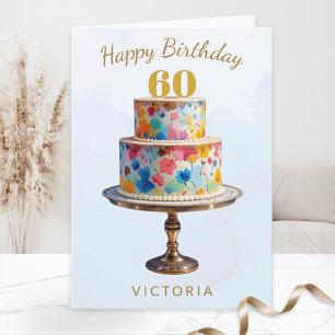 Elegante Wasserfarben-Blumen-Torte 60. Geburtstag Karte