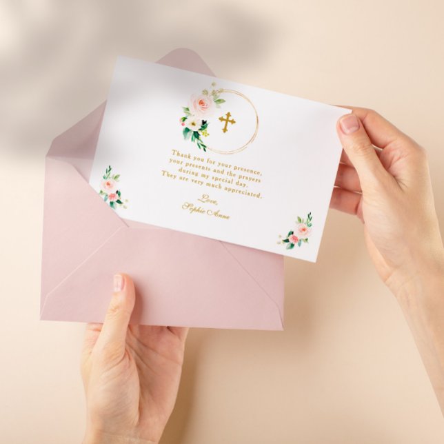 Elegante Wasserfarben Blush Blume Gold Taufe Dankeskarte (Von Creator hochgeladen)