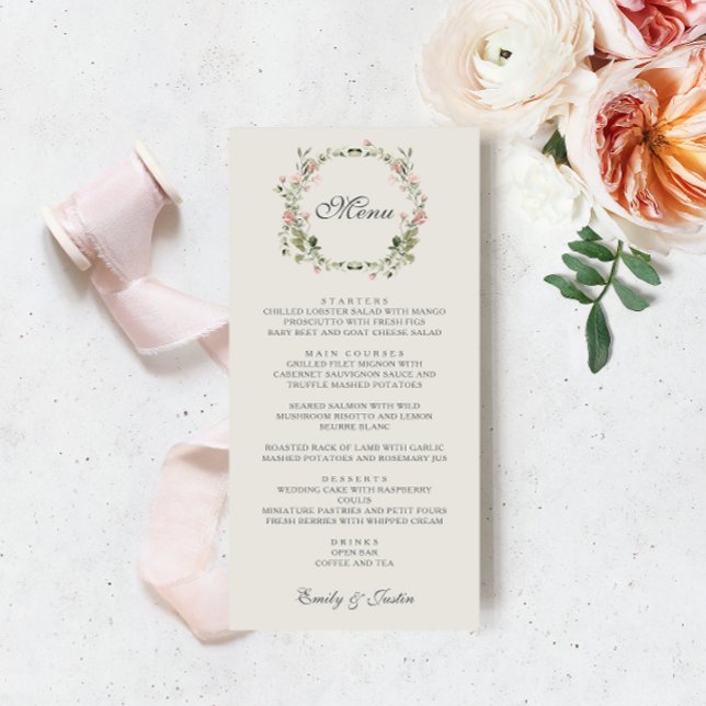 Elegante Wasserfarben Blush Garden Rosa Hochzeit Menükarte (Von Creator hochgeladen)