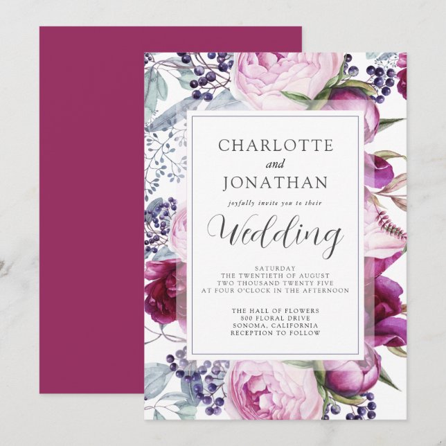 Elegante Wasserfarben Botanische Hochzeit Invita Einladung (Vorne/Hinten)