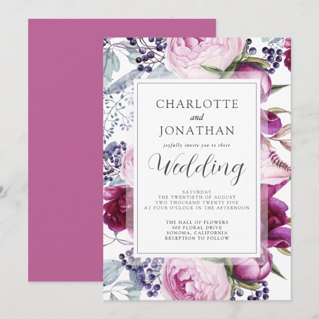 Elegante Wasserfarben Botanische Hochzeit Invita Einladung (Vorne/Hinten)