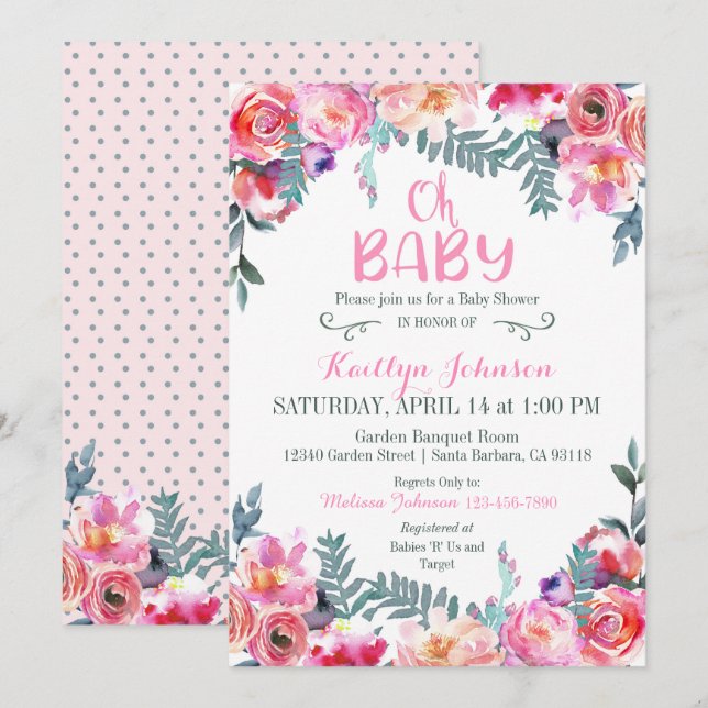 Elegante Wasserfarben Floral Moderne Babydusche Einladung (Vorne/Hinten)
