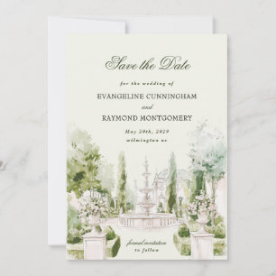 Elegante Wasserfarben-Herrenhaus-Garten-Hochzeitsf Save The Date