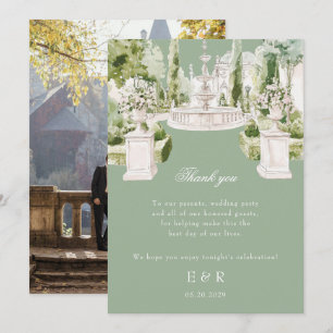 Elegante Wasserfarben-Herrenhaus-Gartenhochzeit Dankeskarte