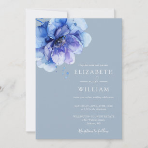 Elegante Wasserfarben-Hochzeit in staubigem Blau Einladung