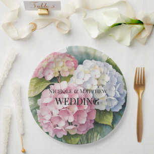Elegante Wasserfarben-Hortensien-Hochzeit Pappteller