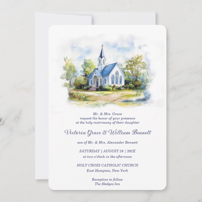 Elegante Wasserfarben Kirche Hochzeit Einladung (Vorderseite)