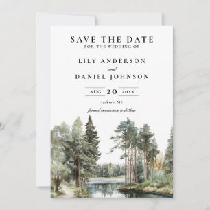 Elegante Wasserfarben-Lake-Forest-Woodland-Hochzei Save The Date