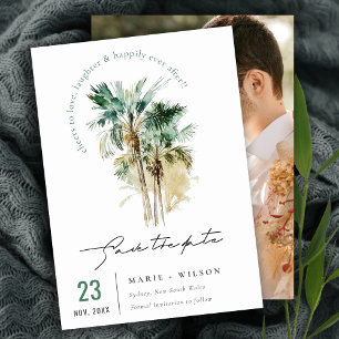 Elegante Wasserfarben-Palmbaum-Schriftfoto Save The Date