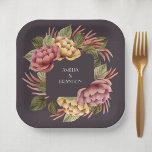 Elegante Wasserfarben Pappteller<br><div class="desc">Elegante Aquarellfarben in Rosa und Gold mit wunderschöner Vegetation auf dunklem Auberginen-Hintergrund, diese quadratischen Teller sind perfekt für Brunch und Whirlpool Paare Polterabend, Brautparty, Babydusche oder jeden besondere Anlass. PASSENDE Artikel in unserem Geschäft.</div>