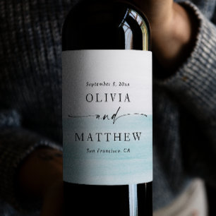 Elegante Wasserfarben Pastellblau Wasserhochzeit Weinetikett