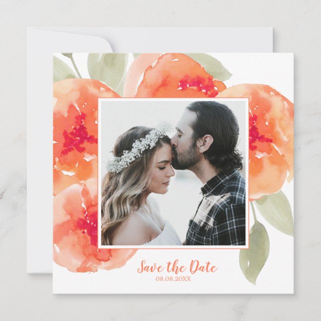 Elegante Wasserfarben Peach Peonies Save the Date Einladung (Vorderseite)