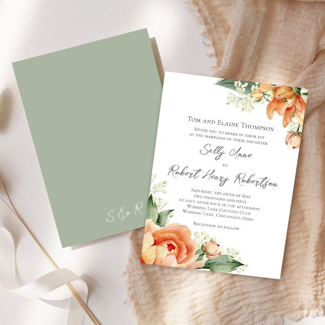 Elegante Wasserfarben Peach Wedding Floral Einladung (Peach floral elegant invitation)