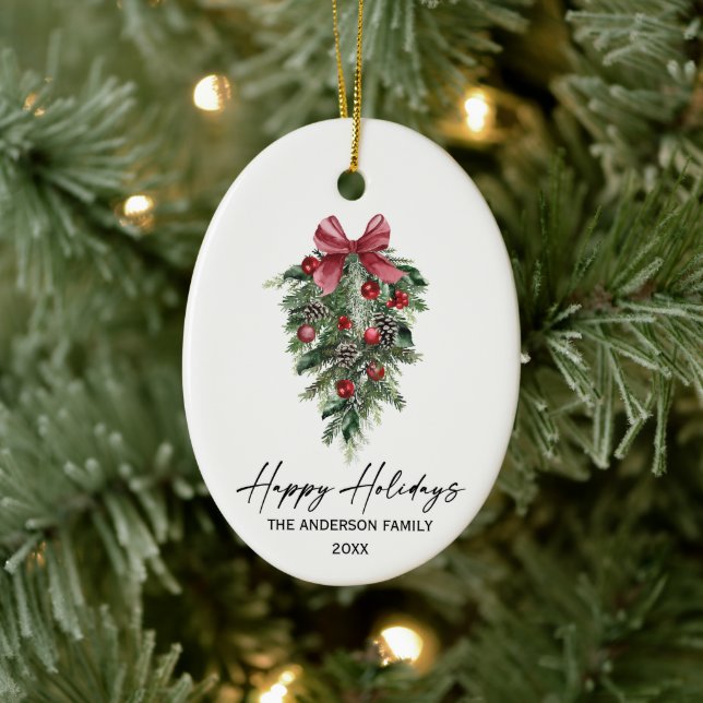 Elegante Wasserfarben Pines Calligrafy Ink Holiday Keramik Ornament (Baum)