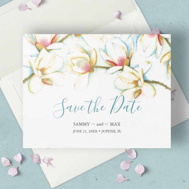 Elegante Wasserfarben Save the Date ohne Foto (Invitations and save the dates with watercolor white magnolia flowers.)