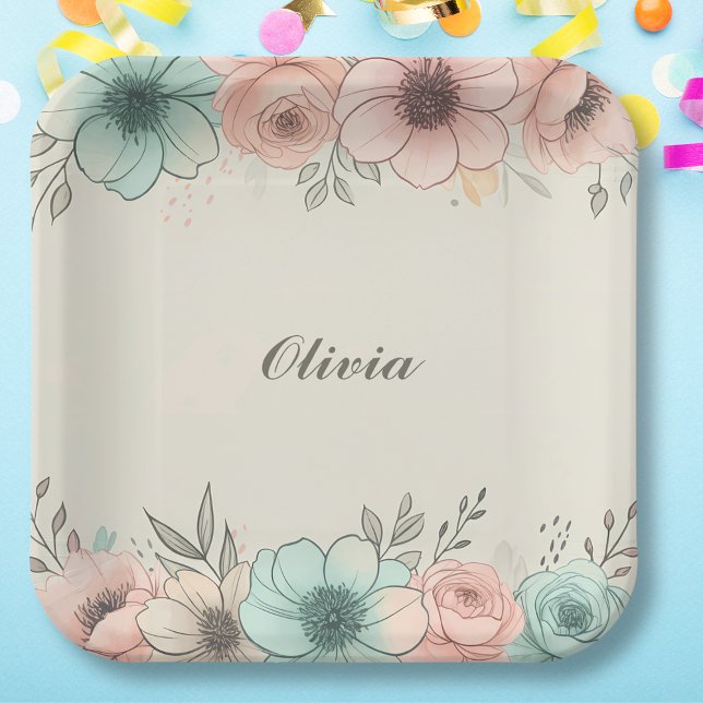 Elegante Wasserfarben Sketchy-Blume Pappteller (Von Creator hochgeladen)