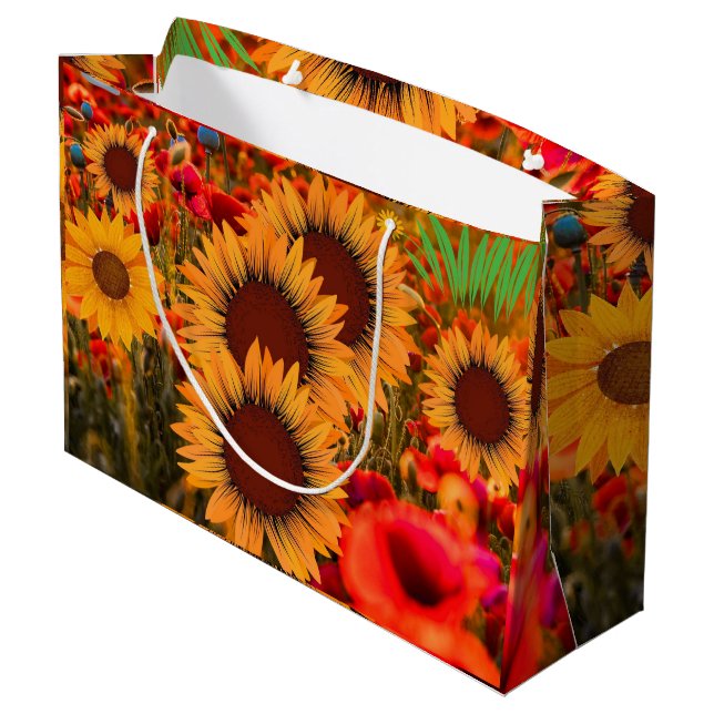 Elegante Wasserfarben Sonnenblumen - Blumenbeutel Große Geschenktüte (Rückseite Schrägansicht)