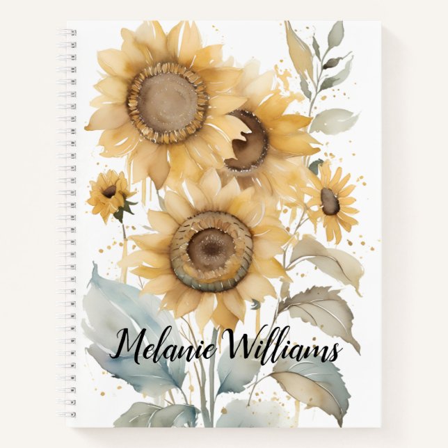 Elegante Wasserfarben Sonnenblumen | Personalisier Notizbuch (Vorderseite)