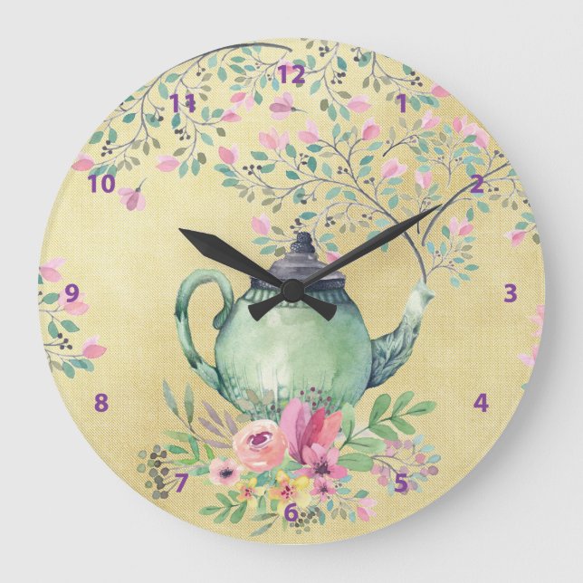 Elegante Wasserfarben Teapot und Blume Gold Große Wanduhr (Vorderseite)