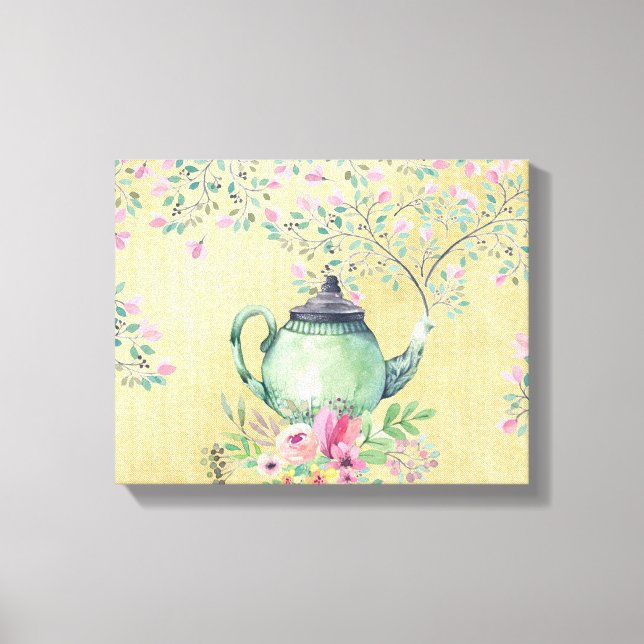 Elegante Wasserfarben Teapot und Blume Gold Leinwanddruck (Vorderseite)