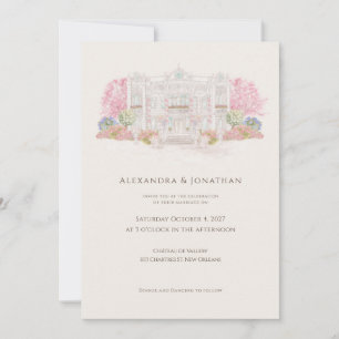 Elegante Wasserfarben-Villa-Hochzeit Einladung