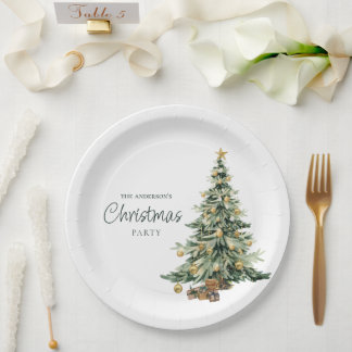 Elegante Wasserfarben-Weihnachtsfeier mit Baum Pappteller