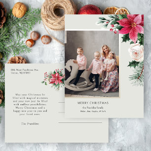 Elegante Wasserfarben-Weihnachtssterne, Rosen und  Feiertagspostkarte