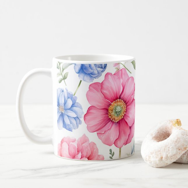 Elegante Wasserfarbene Blume Flora Muster Kaffeetasse (Mit Donut)
