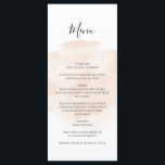 Elegante Wasserfarbenhochzeit Menükarte<br><div class="desc">Dieses Design besticht durch eine elegante pfirsichfarbene Aquarell. Dieses einfache Design nutzt den natürlichen Wasserfarben-Pinselstrich, um den Text zu betonen. Das Hochzeitstag ist in Schwarz und Weiß gerahmt. Die Kombination der Pfirsichfarbe mit den Schwarz-Weiß-Farben schafft einen raffinierten, trendigen und schicken Stil. Elegantes Hochzeitsmenü-Kartendesign mit modernen Elementen. Die moderne Gestaltung der...</div>