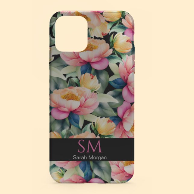 Elegante Wasserfarbenpeony auf Schwarz Monogram Case-Mate iPhone Hülle (Von Creator hochgeladen)