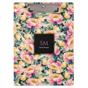 Elegante Wasserfarbenpeony auf Schwarz Monogram Klemmbrett