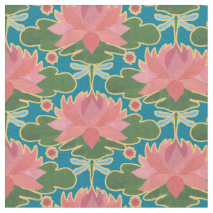 Elegante Water Lilies Dragonfly auf Deep Blue Fabr Stoff