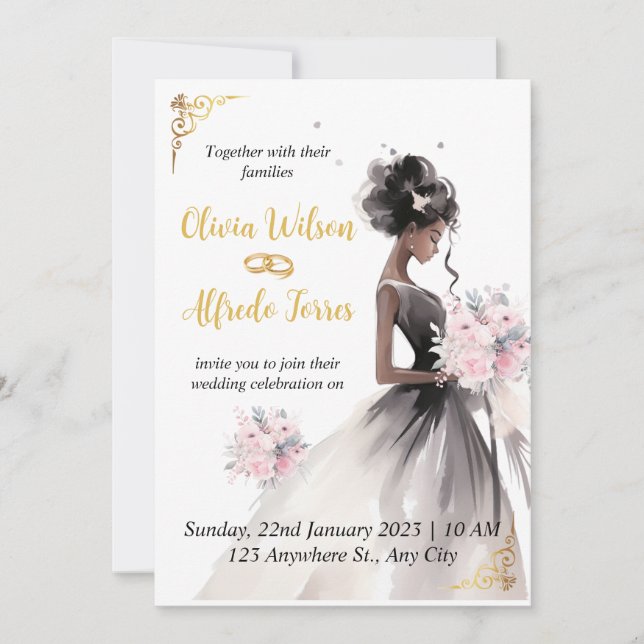 Elegante Watercolor American Bride Wedding Einladung (Vorderseite)