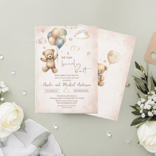 Elegante Watercolor Bear Teddy Babydusche Einladung (Von Creator hochgeladen)