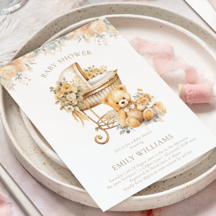 Elegante Watercolor Beige & Gold Baby Dusche Einladung