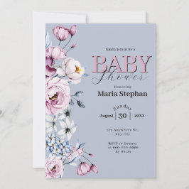 Elegante Watercolor Blau Rosa Blütendusche Einladung