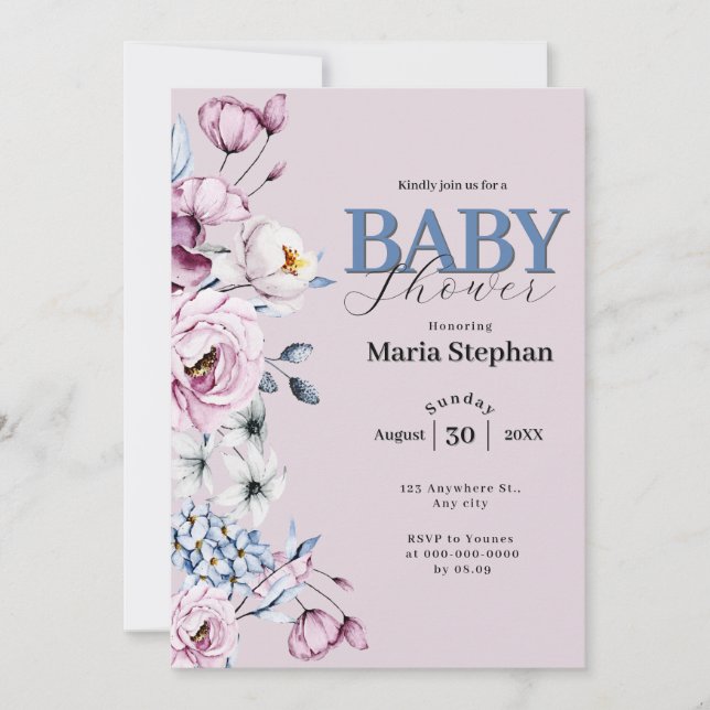 Elegante Watercolor Blau Rosa Blütendusche Einladung (Vorderseite)