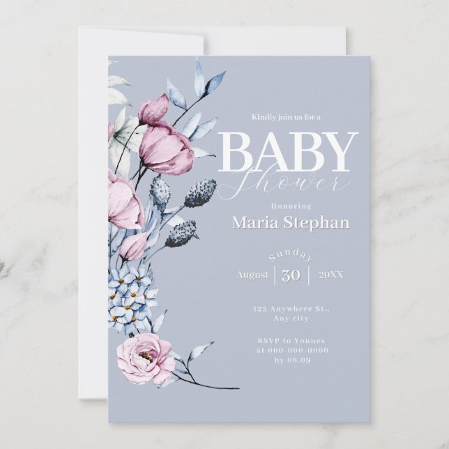 Elegante Watercolor Blau Rosa Blütendusche Einladung (Vorderseite)