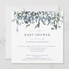 Elegante Watercolor Blauer Blumenstrauß Baby Dusch Einladung