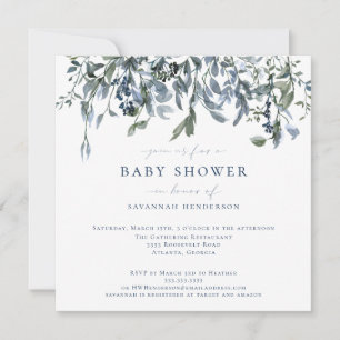 Elegante Watercolor Blauer Blumenstrauß Baby Dusch Einladung