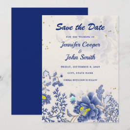 Elegante Watercolor Blauer Blumenstrauß Botanische Save The Date