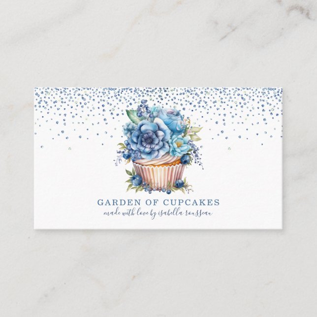 Elegante Watercolor Blauer Glitzer Blumenstrauß Cu Visitenkarte (Vorderseite)