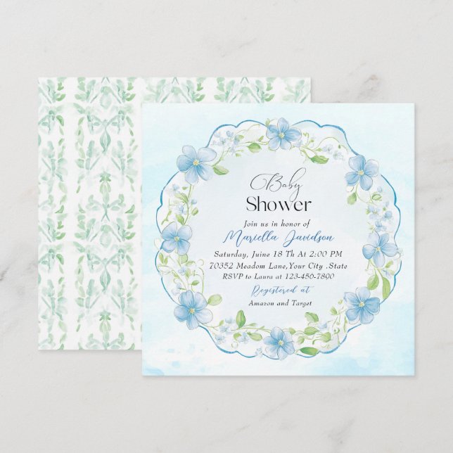 Elegante Watercolor Blue Flowers Babydusche Einladung (Vorne/Hinten)
